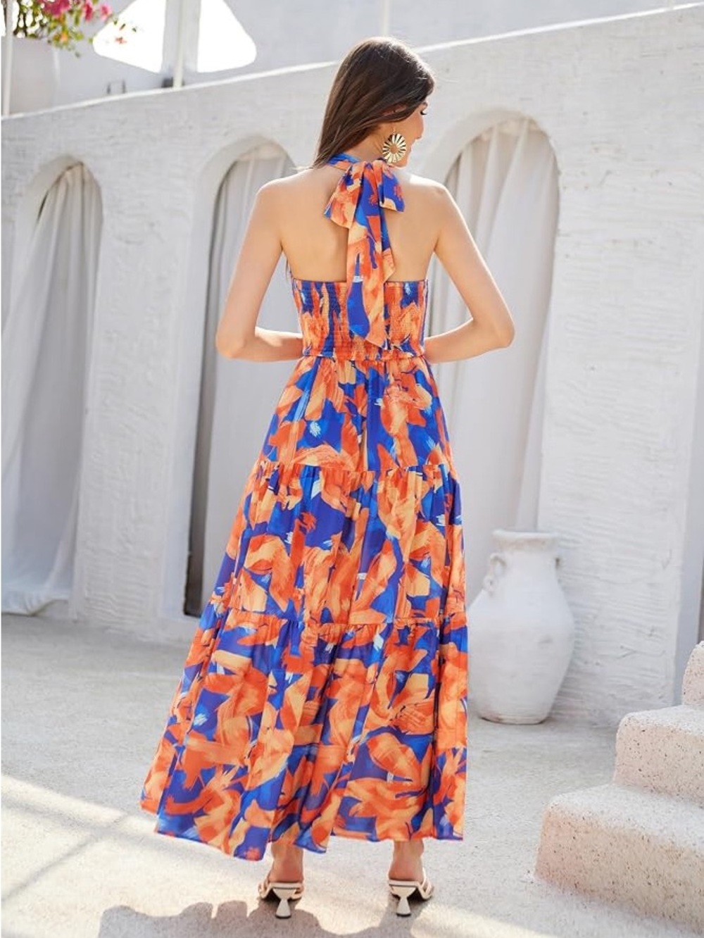 GRACE KARIN Floral Halter Maxi Dress – Smocked Backless Flow Dress - Picture 2 of 9